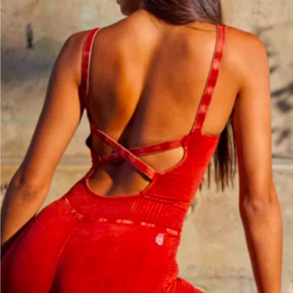 Free People Movement Good Karma Onepiece Bodysuit Red Ribbed View 4